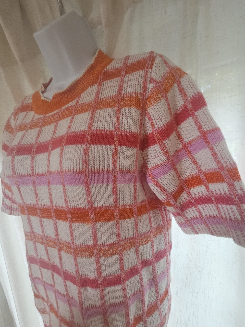 Ann Taylor Pink, Orange & Cream Plaid Crewneck Sweater